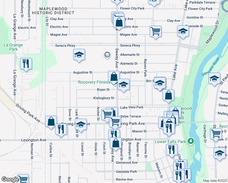 map of restaurants, bars, coffee shops, grocery stores, and more near 97 Kislingbury Street in Rochester