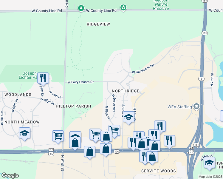 map of restaurants, bars, coffee shops, grocery stores, and more near 9116 North Joyce Avenue in Milwaukee