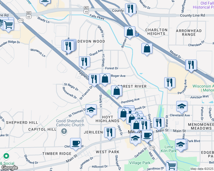 map of restaurants, bars, coffee shops, grocery stores, and more near N91W17174 Appleton Avenue in Menomonee Falls