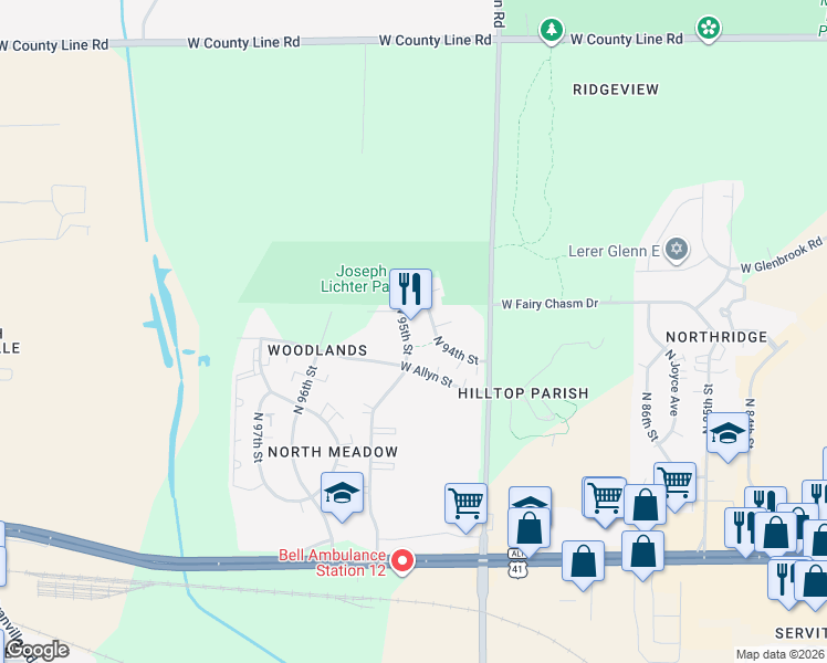map of restaurants, bars, coffee shops, grocery stores, and more near 9142 North 95th Street in Milwaukee