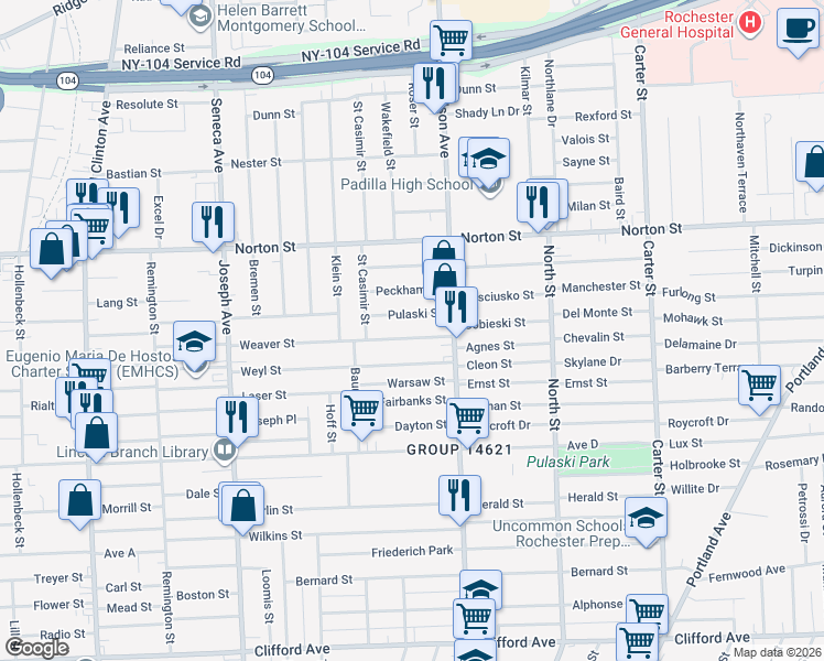 map of restaurants, bars, coffee shops, grocery stores, and more near 250 Weyl Street in Rochester