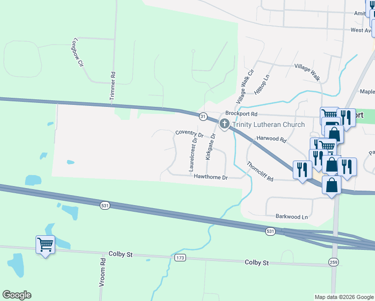 map of restaurants, bars, coffee shops, grocery stores, and more near 53 Laurelcrest Drive in Spencerport