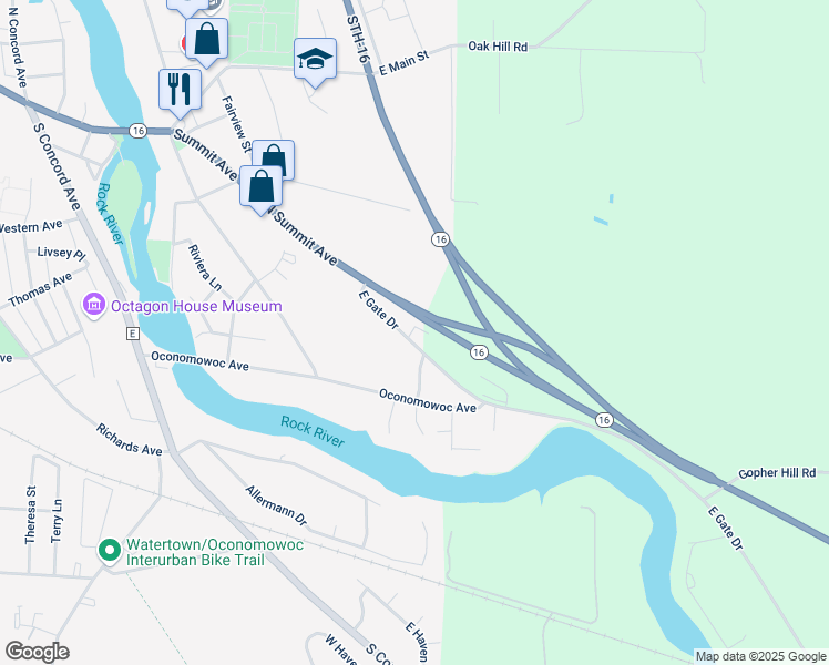 map of restaurants, bars, coffee shops, grocery stores, and more near 1564 East Gate Drive in Watertown