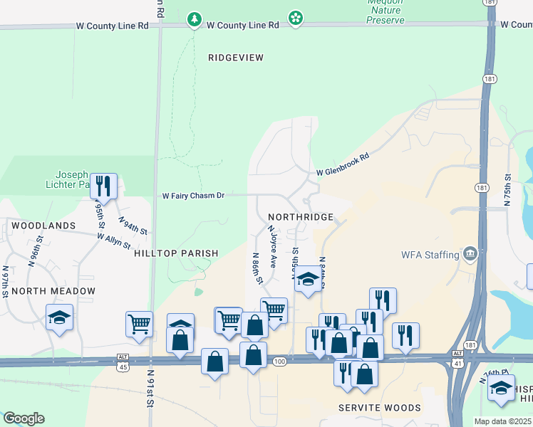 map of restaurants, bars, coffee shops, grocery stores, and more near 9116 North Joyce Avenue in Milwaukee