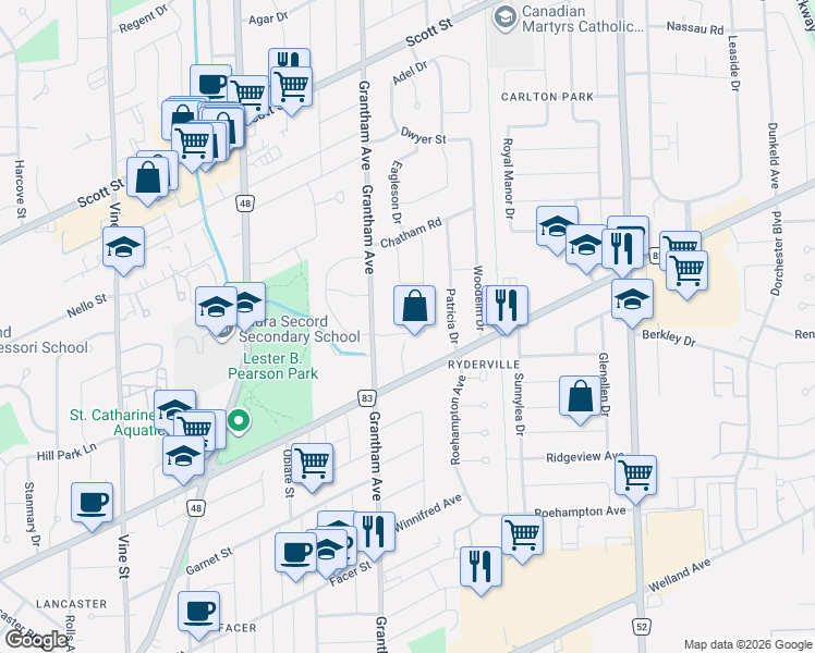 map of restaurants, bars, coffee shops, grocery stores, and more near 11 Tanera Crescent in St. Catharines