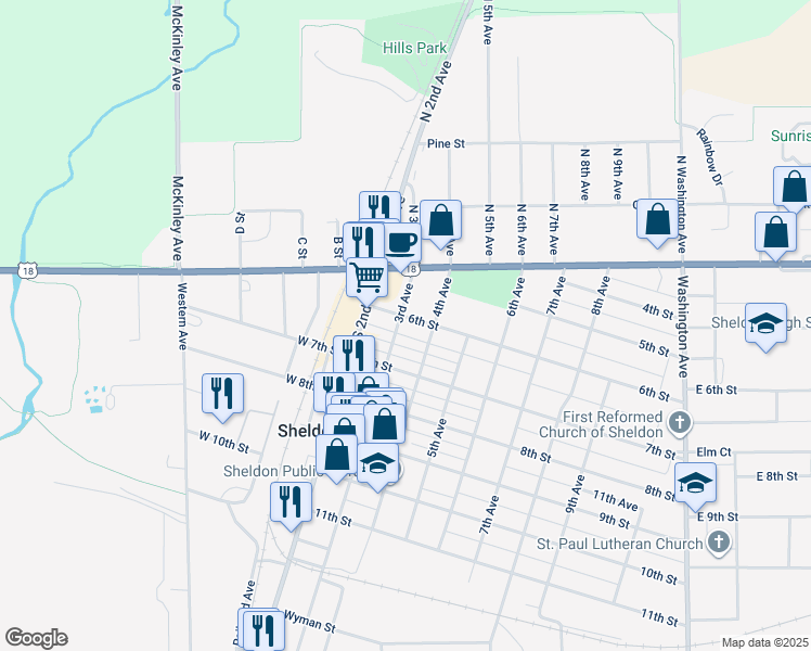 map of restaurants, bars, coffee shops, grocery stores, and more near 628 4th Avenue in Sheldon