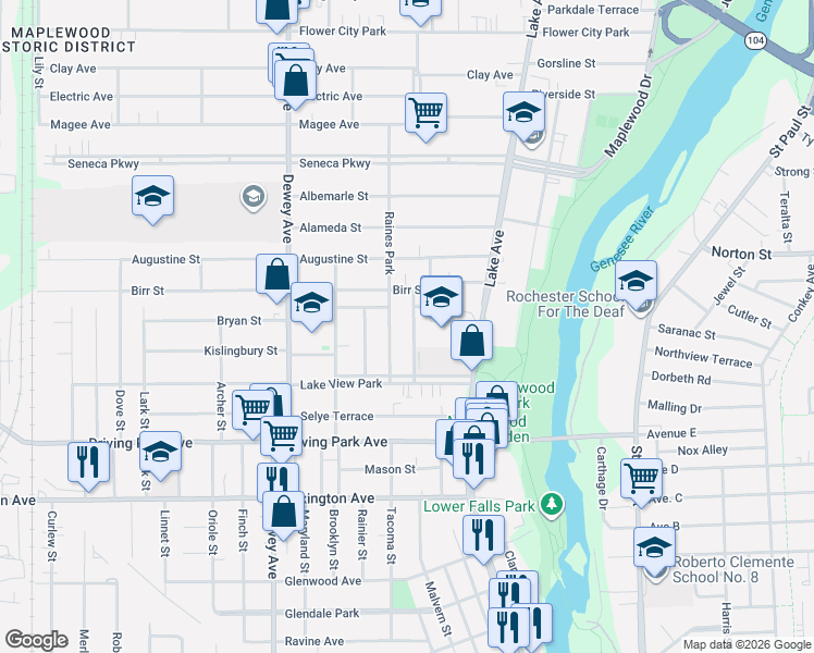 map of restaurants, bars, coffee shops, grocery stores, and more near 105 Birr Street in Rochester