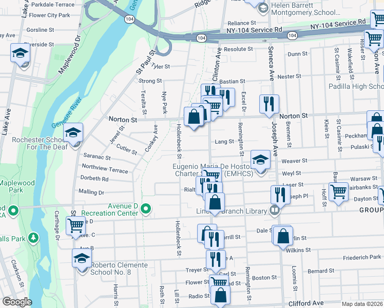 map of restaurants, bars, coffee shops, grocery stores, and more near 33 Trenaman Street in Rochester