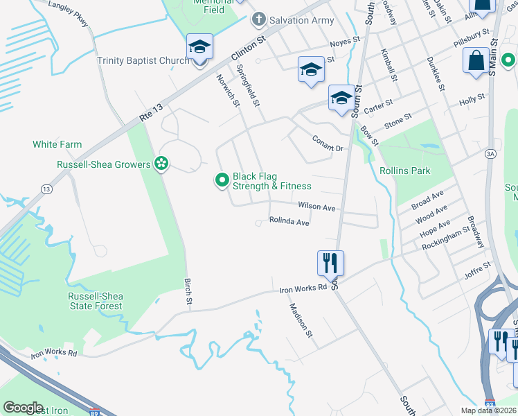 map of restaurants, bars, coffee shops, grocery stores, and more near 17 Middlebury Street in Concord