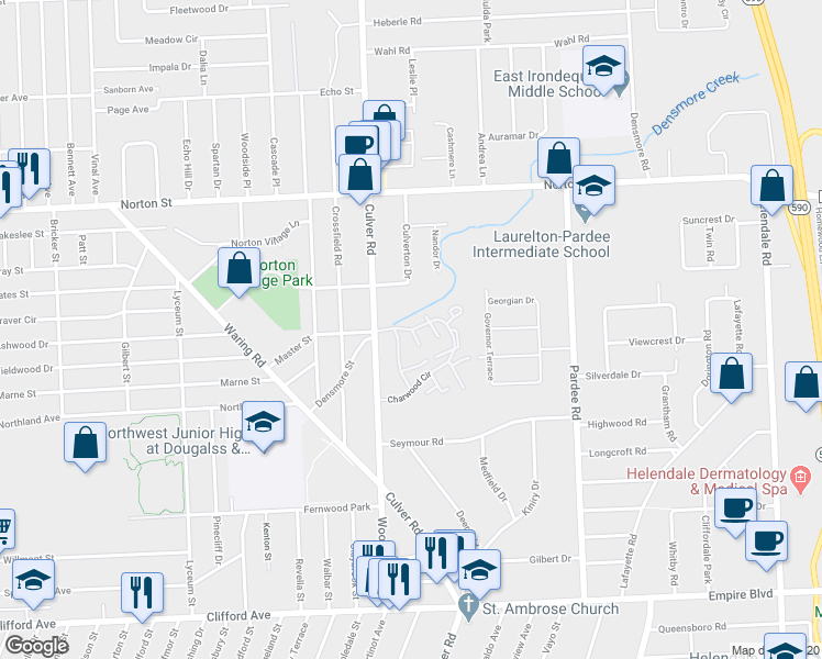 map of restaurants, bars, coffee shops, grocery stores, and more near 80 Charwood Circle in Irondequoit