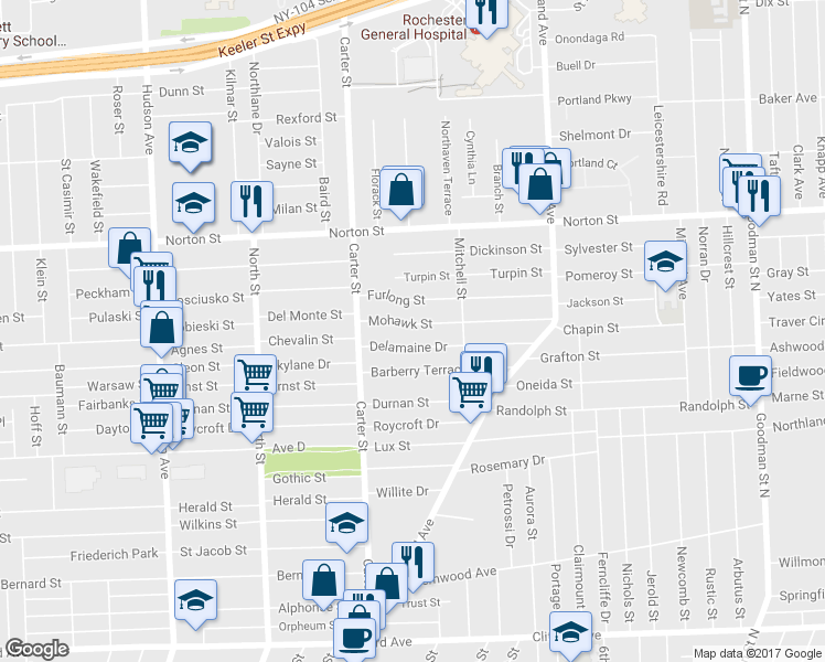 map of restaurants, bars, coffee shops, grocery stores, and more near 195 Mohawk Street in Rochester