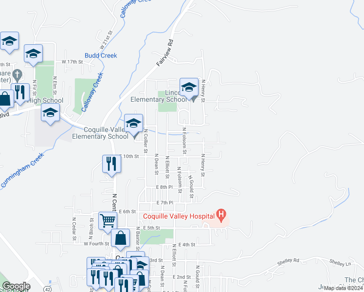 map of restaurants, bars, coffee shops, grocery stores, and more near 1075 North Folsom Street in Coquille