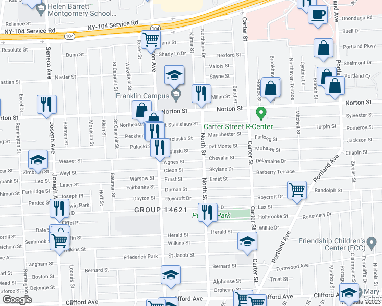 map of restaurants, bars, coffee shops, grocery stores, and more near 93 Sobieski Street in Rochester