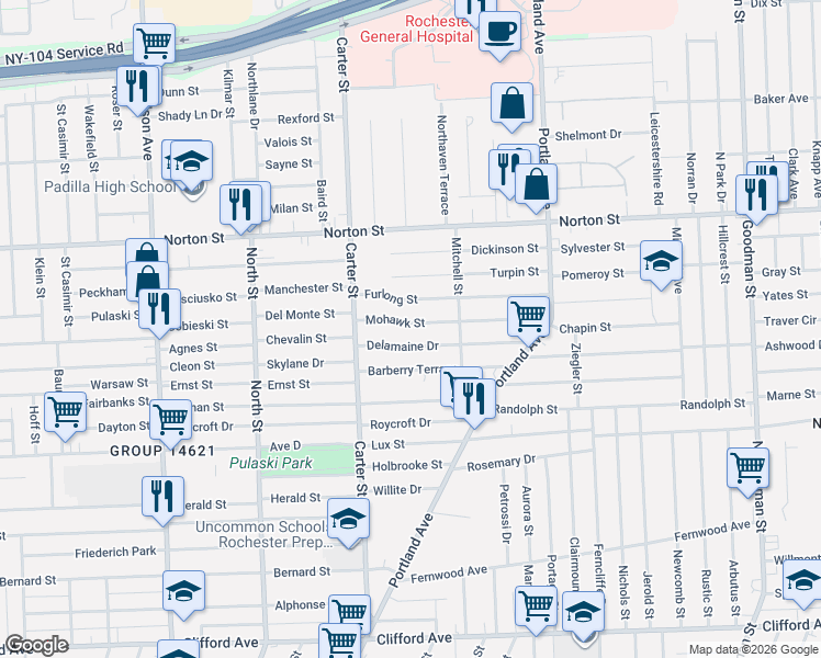 map of restaurants, bars, coffee shops, grocery stores, and more near 175 Furlong Street in Rochester