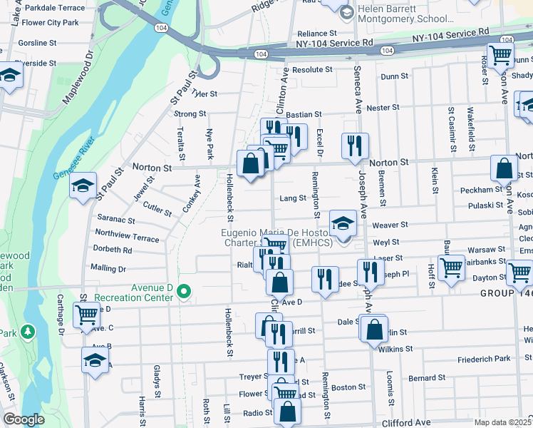 map of restaurants, bars, coffee shops, grocery stores, and more near 1383 North Clinton Avenue in Rochester