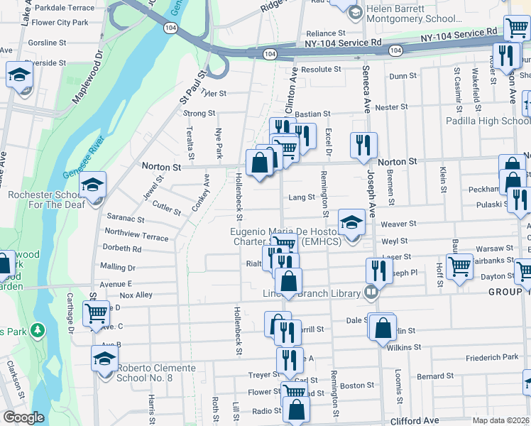map of restaurants, bars, coffee shops, grocery stores, and more near 1383 North Clinton Avenue in Rochester