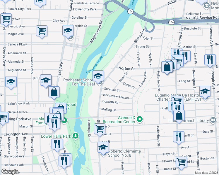 map of restaurants, bars, coffee shops, grocery stores, and more near 15 Beach Street in Rochester