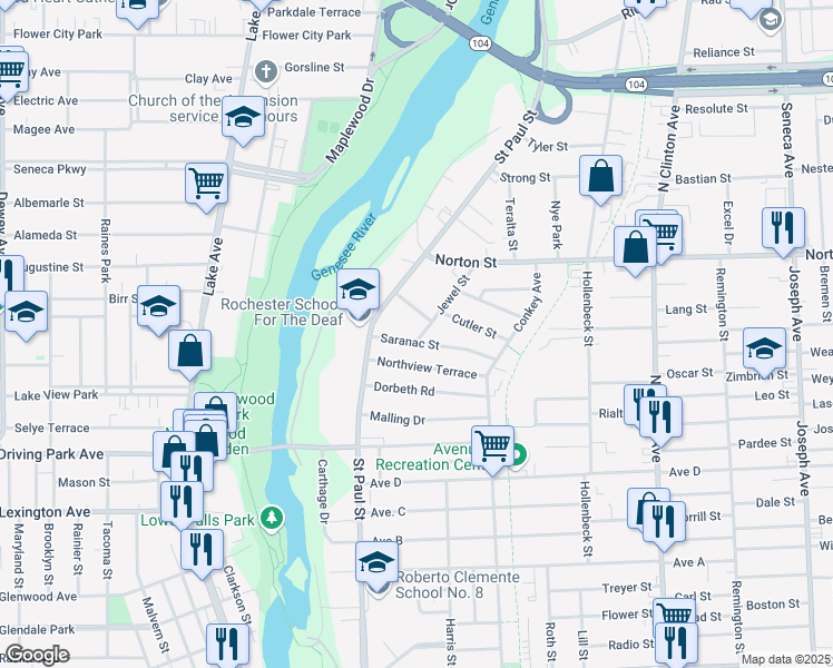 map of restaurants, bars, coffee shops, grocery stores, and more near 7 Jewel Street in Rochester