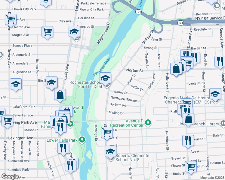 map of restaurants, bars, coffee shops, grocery stores, and more near 15 Beach Street in Rochester