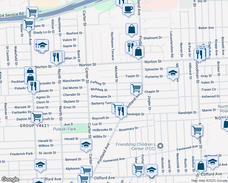 map of restaurants, bars, coffee shops, grocery stores, and more near 137 Mohawk Street in Rochester
