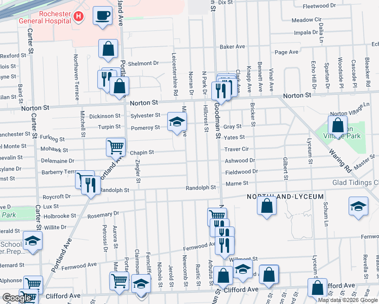 map of restaurants, bars, coffee shops, grocery stores, and more near 139 Norran Drive in Rochester