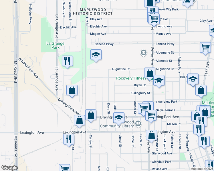 map of restaurants, bars, coffee shops, grocery stores, and more near 165 Dove Street in Rochester