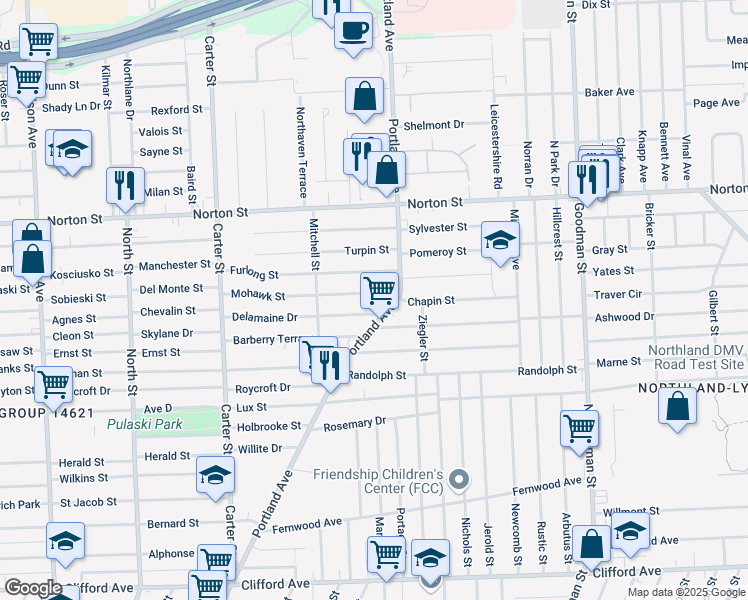 map of restaurants, bars, coffee shops, grocery stores, and more near 37 Mohawk Street in Rochester