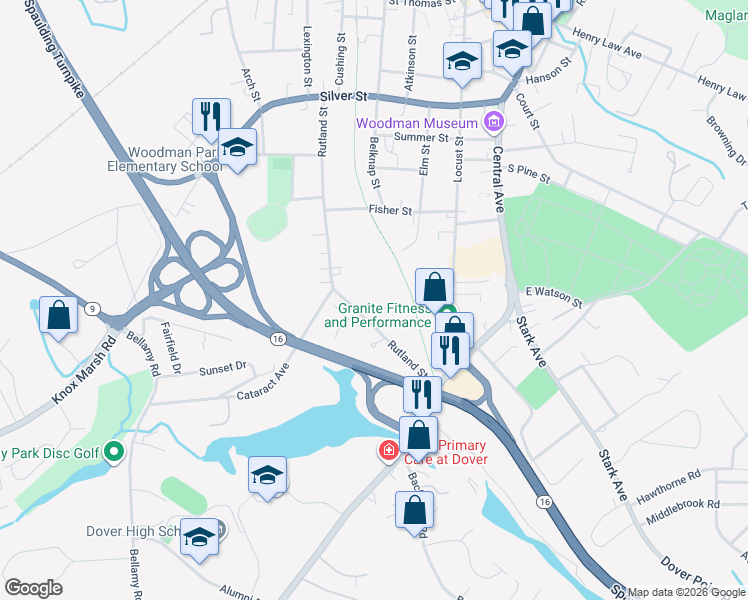 map of restaurants, bars, coffee shops, grocery stores, and more near 80 Rutland Street in Dover