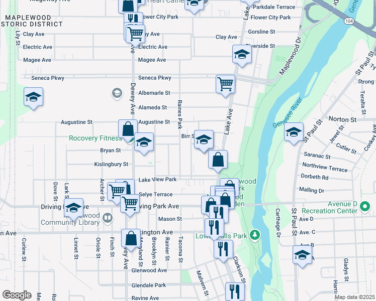 map of restaurants, bars, coffee shops, grocery stores, and more near 105 Birr Street in Rochester