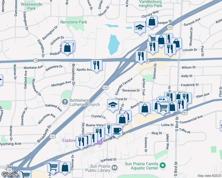 map of restaurants, bars, coffee shops, grocery stores, and more near 1352 Emerald Terrace in Sun Prairie