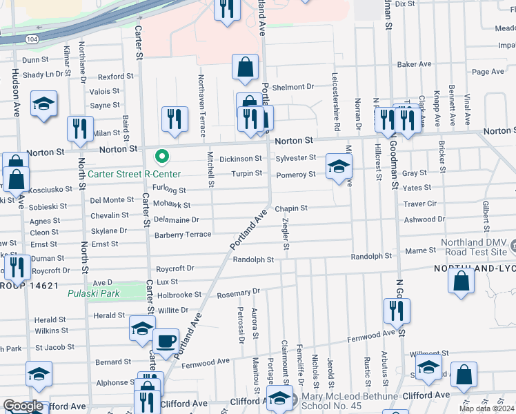 map of restaurants, bars, coffee shops, grocery stores, and more near 15 Furlong Street in Rochester