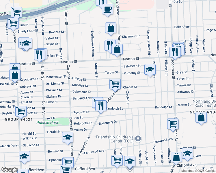 map of restaurants, bars, coffee shops, grocery stores, and more near 69 Furlong Street in Rochester