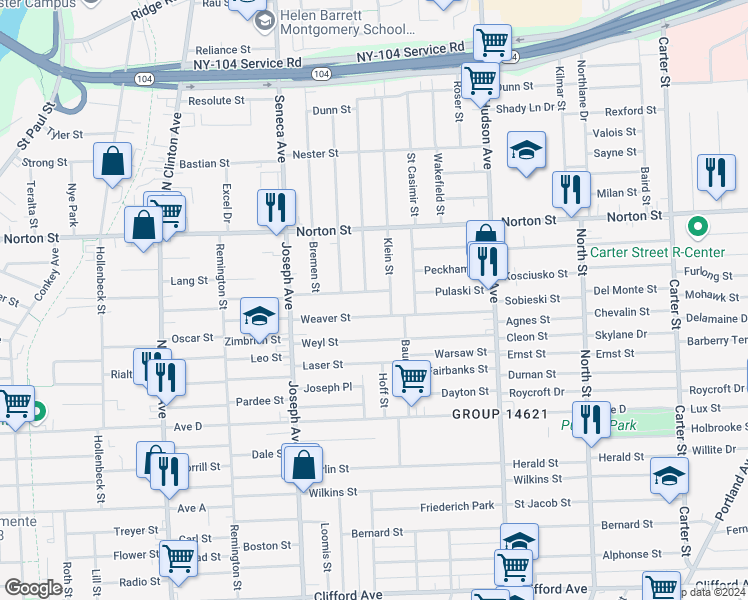 map of restaurants, bars, coffee shops, grocery stores, and more near 144 Van Stallen Street in Rochester