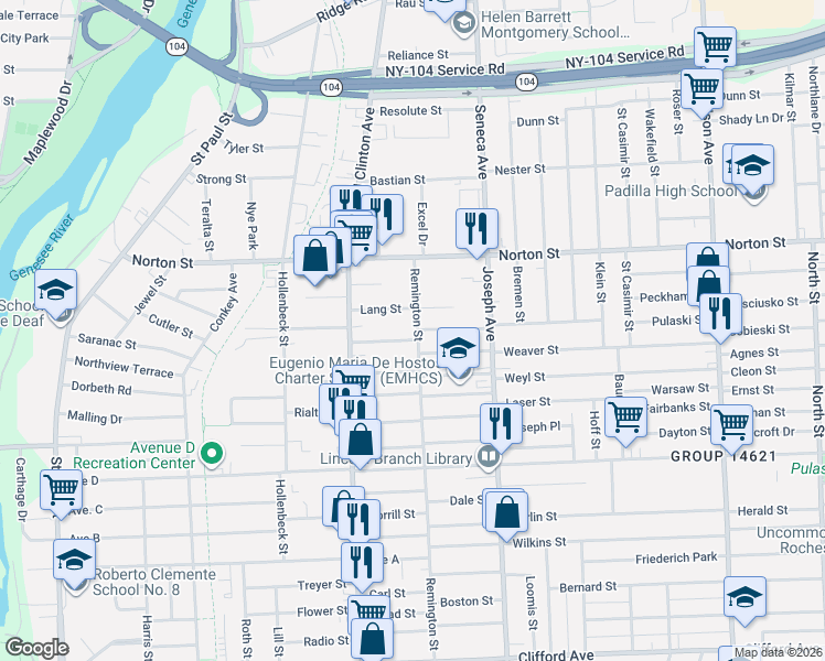 map of restaurants, bars, coffee shops, grocery stores, and more near 21 Lang Street in Rochester