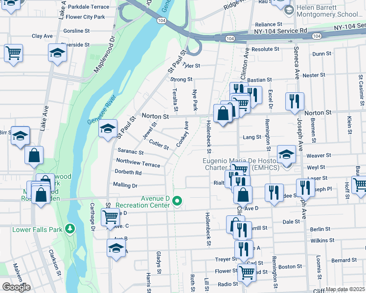 map of restaurants, bars, coffee shops, grocery stores, and more near 585 Conkey Avenue in Rochester