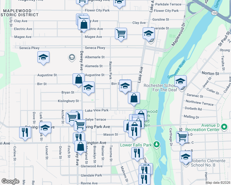 map of restaurants, bars, coffee shops, grocery stores, and more near 105 Birr Street in Rochester
