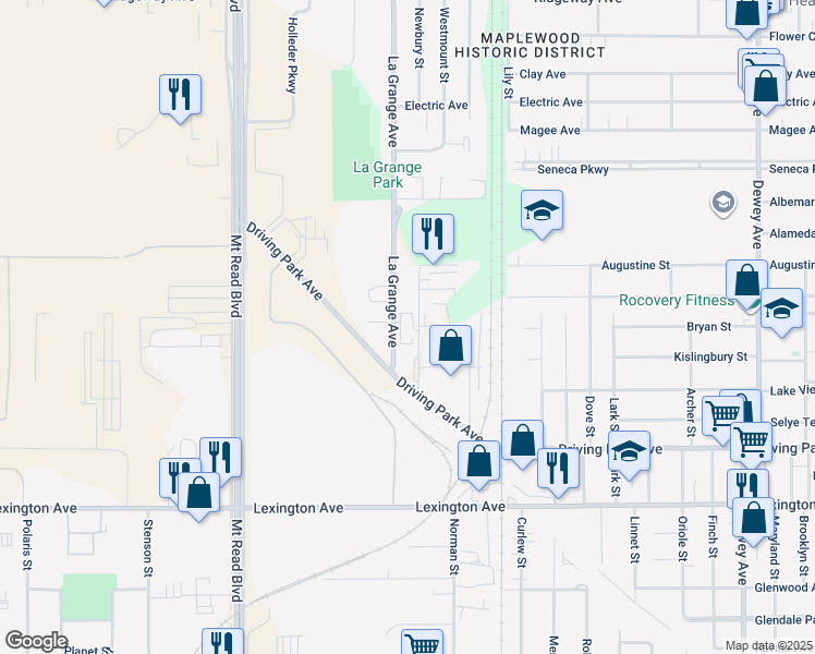 map of restaurants, bars, coffee shops, grocery stores, and more near 110 Newbury Street in Rochester