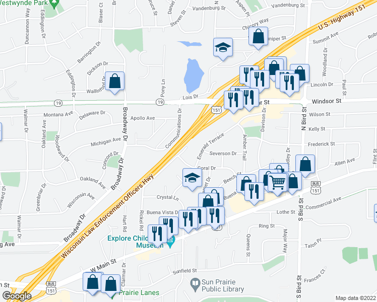 map of restaurants, bars, coffee shops, grocery stores, and more near 1352 Emerald Terrace in Sun Prairie