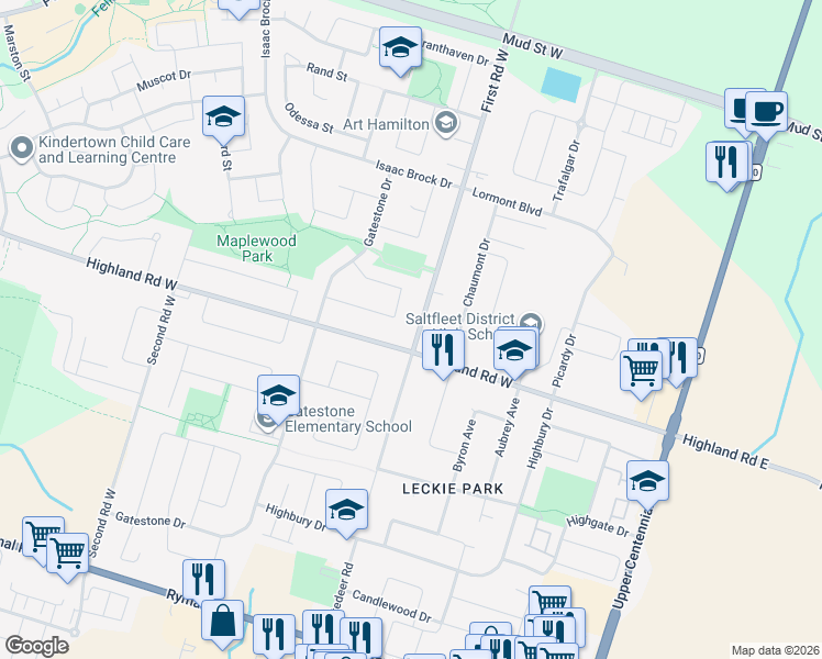 map of restaurants, bars, coffee shops, grocery stores, and more near 127 First Road West in Hamilton