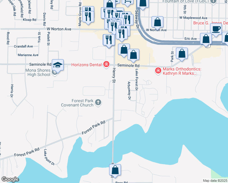 map of restaurants, bars, coffee shops, grocery stores, and more near 3798 Henry Street in Norton Shores