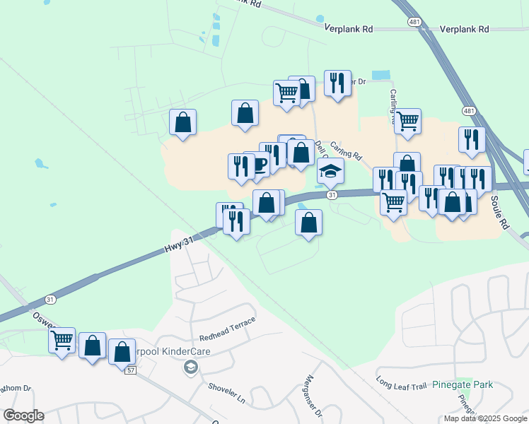 map of restaurants, bars, coffee shops, grocery stores, and more near 3884 Highway 31 in Liverpool