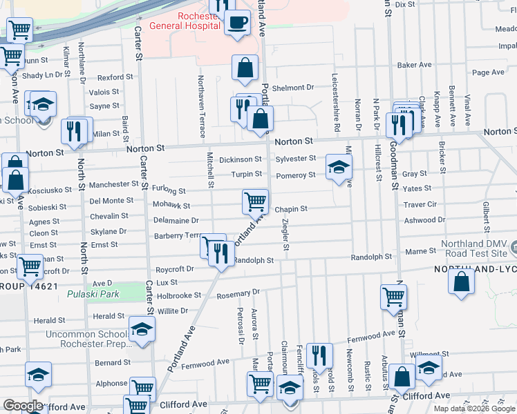 map of restaurants, bars, coffee shops, grocery stores, and more near 15 Furlong Street in Rochester