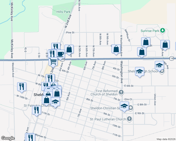 map of restaurants, bars, coffee shops, grocery stores, and more near 621 5th Street in Sheldon