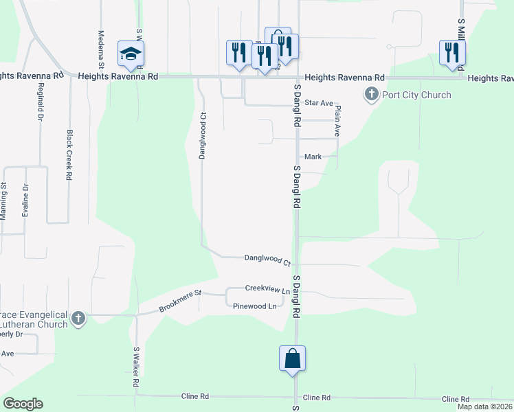 map of restaurants, bars, coffee shops, grocery stores, and more near 3679 South Dangl Road in Muskegon