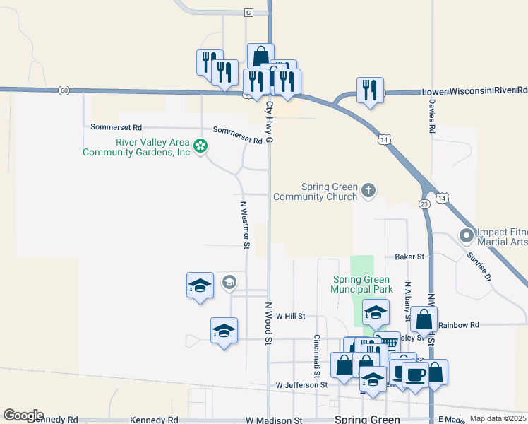 map of restaurants, bars, coffee shops, grocery stores, and more near 501 County Highway G in Spring Green