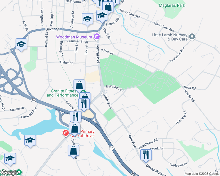 map of restaurants, bars, coffee shops, grocery stores, and more near 8 East Watson Street in Dover