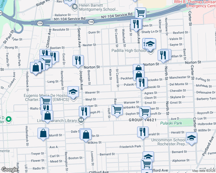 map of restaurants, bars, coffee shops, grocery stores, and more near 144 Van Stallen Street in Rochester