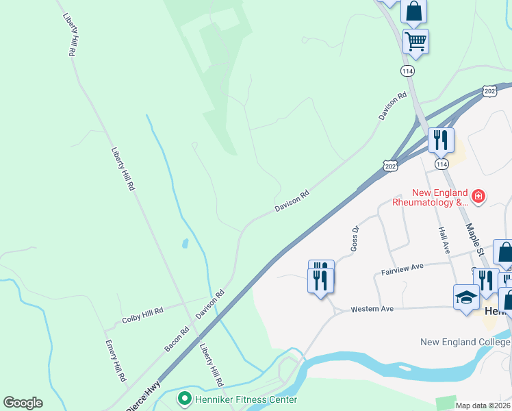 map of restaurants, bars, coffee shops, grocery stores, and more near 334 Davison Road in Henniker
