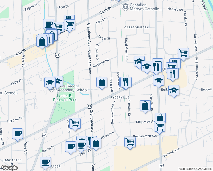 map of restaurants, bars, coffee shops, grocery stores, and more near 28 Tanera Crescent in St. Catharines