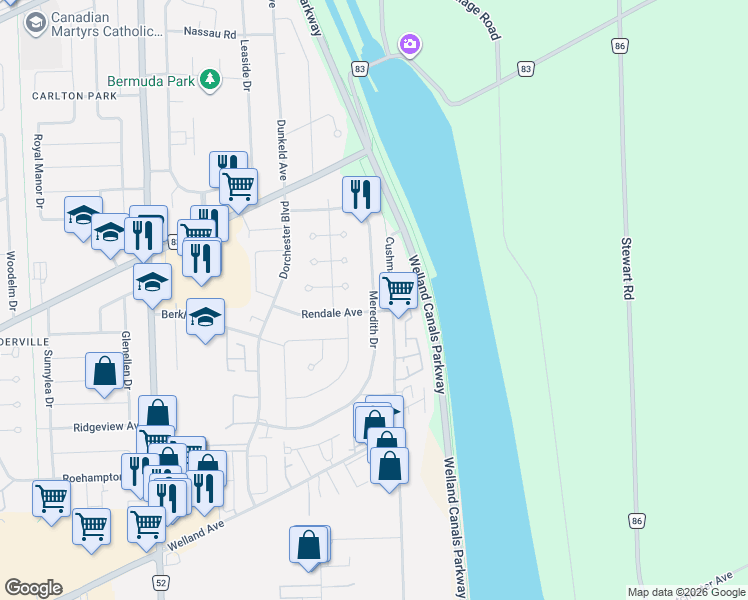 map of restaurants, bars, coffee shops, grocery stores, and more near 80 Meredith Drive in St. Catharines